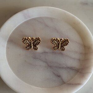 Gold Butterfly Stud Earrings With White Gemstones